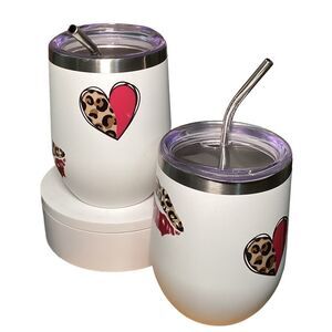 Stylish Insulated Tumblers Set (2) w/ Leopard Heart/Lips Design Stainless‎ Steel
